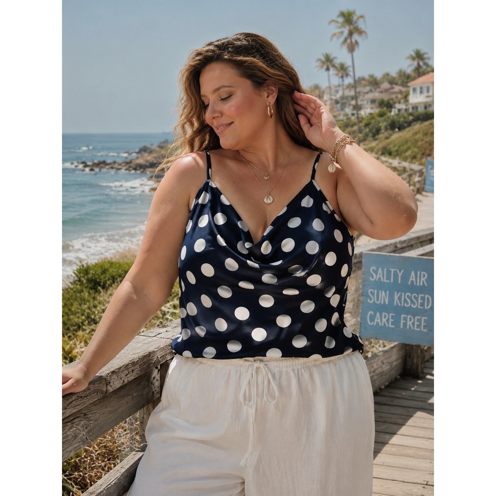 Cowl Neck Sleevless Blue and White Polka Dot Camisole Sz 26/28 NEW Retro-chic
